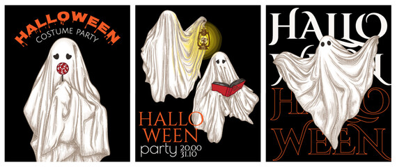 Vector set of Halloween flyers with different ghosts