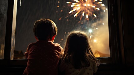 The children looked out the glass window and saw colorful fireworks.