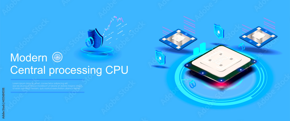 Poster futuristic processor with neon holographic backlight. processor in isometric view with modern server