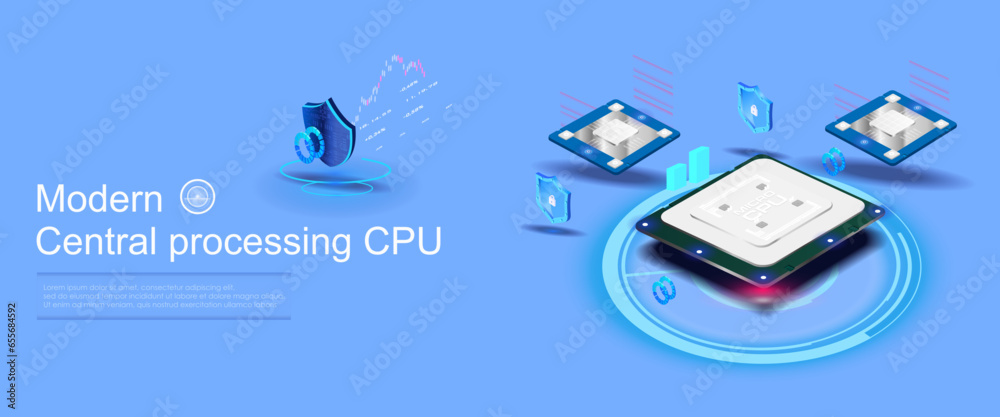 Poster futuristic processor with neon holographic backlight. processor in isometric view with modern server