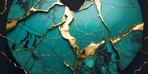  Exquisite Teal and Gold Molten Kintsugi Texture Background with Intricate Details. Generative Ai.