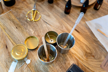 Aromatic candle workshop. Tools and utensils of candle making.