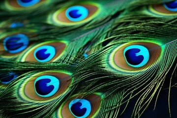 Obraz premium A close-up of a peacock feather, showcasing its iridescent green and blue hues with intricate eye-shaped patterns, creating a mesmerizing and regal background.