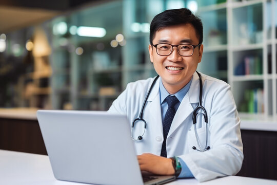 Asian doctor smiling while working on computer in his office, successful asian medical practitioner doing research on finding a cure