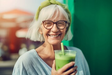 Senior woman green juice happy. Food nutrition. Generate Ai - obrazy, fototapety, plakaty