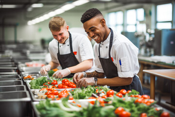 Master chef and cook apprentice working together in the kitchen, team work while preparing a meal, mentoring at work