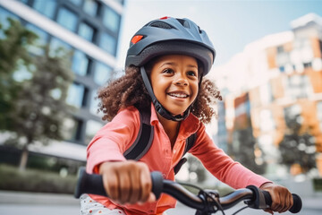 Little african american girl riding her bike with a safety helmet and enjoying a fun ride through the city, childhood adventures - obrazy, fototapety, plakaty