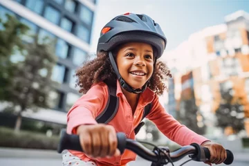 Schilderijen op glas Little african american girl riding her bike with a safety helmet and enjoying a fun ride through the city, childhood adventures © VisualProduction