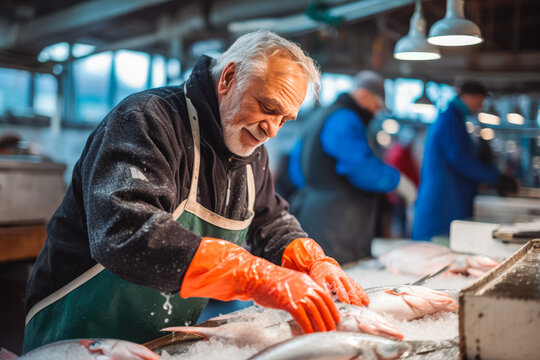 Elderly fishmonger worker picking and selecting fishes on a market, freshly caught sea fishes for sale