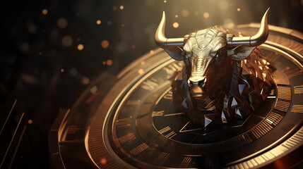 Dark bull sculpture. Sculpted casting depicting a bull in dramatic contrasting light representing financial market trends under spot light. 3D illustration. 3D high quality rendering. 3D CG. - obrazy, fototapety, plakaty