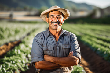 Middle age latino male farmer worker standing on a fields with straw hat and smiling, hispanic worker taking care of the fields - obrazy, fototapety, plakaty