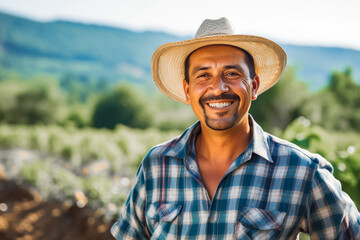 Middle age latino male farmer worker standing on a fields with straw hat and smiling, hispanic worker taking care of the fields