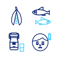 Set line Fatigue, Can container for milk, Fish and Kidney beans icon. Vector