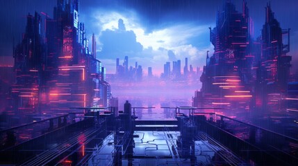 A cyberpunk-inspired wireframe cityscape with skyscrapers and bridges outlined in neon against a rain-soaked urban environment, capturing the essence of a dystopian future.