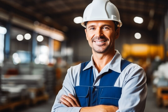 Portrait of a skilled construction professional smiling while wearing safety helmet and working vest, supervising work