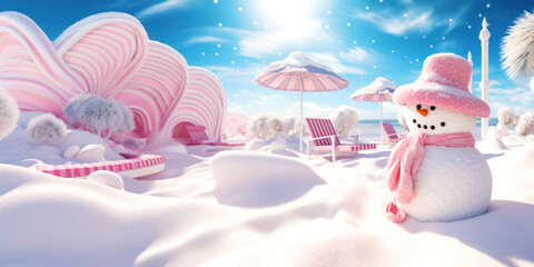 Snowman in pink hat and pink scarf on a beach with a pile of snow among pink deck chairs and pink beach umbrellas. Blue sky and sea on the horizon. Happy New Year and Merry Christmas in pink style