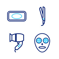 Set line Facial cosmetic mask, Hair dryer, Curling iron and Bar of soap icon. Vector