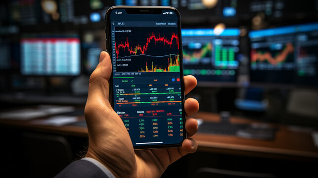 Futuristic stock exchange scene with mobile phone and laptop running concept trading app (3D illustration)