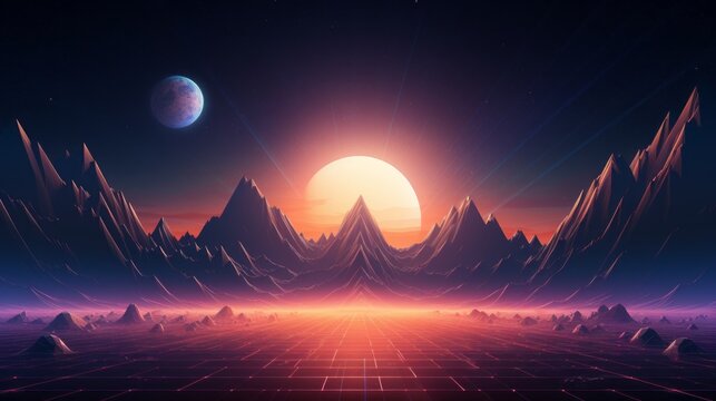 A retro arcade game-inspired wireframe landscape with pixelated mountains and a glowing sun, creating a unique blend of 80s nostalgia and futuristic design.