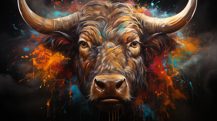 bull with colorful abstract background - obrazy, fototapety, plakaty