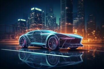 An image of a retro sports car outlined in neon wireframe against a dark cityscape, capturing the essence of 80s-inspired futuristic aesthetics.