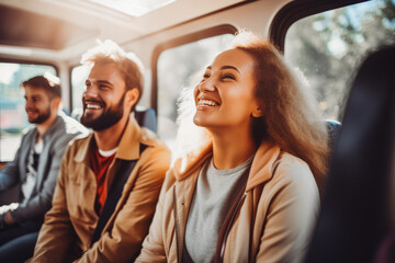 Smiling group of tourist friends traveling in a bus, concept of traveling the world with friends while being young