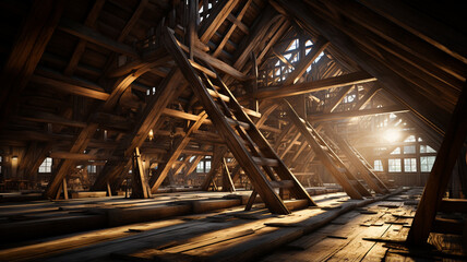 Wooden attic under the roof