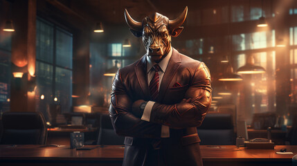 business man with bull head - Powered by Adobe