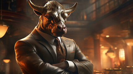 A bull businessman character wearing a suit