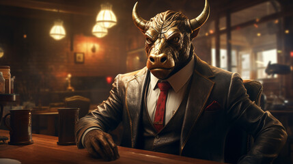 A bull businessman character wearing a suit