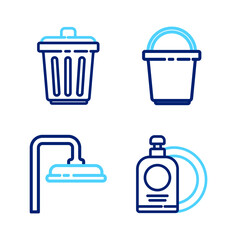 Set line Dishwashing liquid bottle and plate, Shower head, Bucket and Trash can icon. Vector