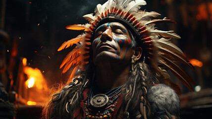 portrait of a Native American man in traditional clothing with feathers on his head and headscarf