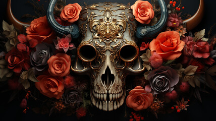 cattle skull with roses on black background