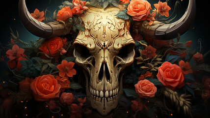 cattle skull with roses on black background