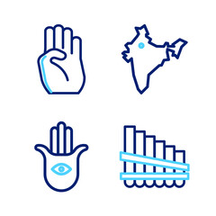 Set line Pan flute, Hamsa hand, India map and Indian symbol icon. Vector
