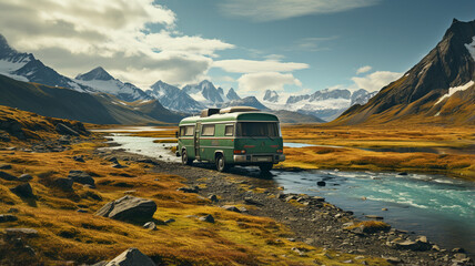 Motorhome on the road in beautiful mountains at sunrise.
