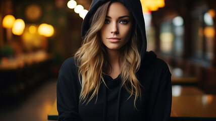 young woman in black hoodie posing in front of the camera - obrazy, fototapety, plakaty