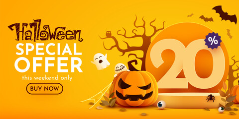 20 percents off. Halloween sale banner template. Podium and numbers with amount of discount. Special October offer.