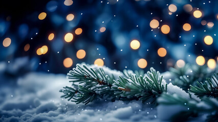 Sfondo natalizio con neve e aghi di pino II - obrazy, fototapety, plakaty