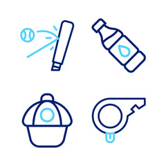 Set line Whistle, Baseball cap, Bottle of water and bat with icon. Vector