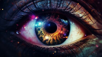 A cosmic abstract eye background with a close-up of a luminous eye reflecting the cosmos, the universe's wonders captured within its gaze.