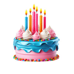 Colorful birthday cake with candles on transparent background