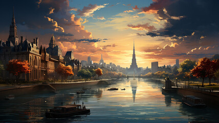 Fototapeta premium autumn landscape on a medieval city and river