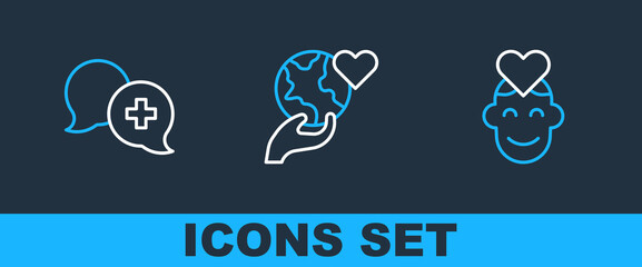 Set line Volunteer, Dialogue with doctor and Hand holding Earth globe icon. Vector © vector_v