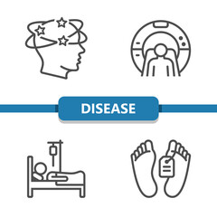 Disease Icons. Headache, Dizziness, MRI, CT Scan, Death, Sick Vector Icon