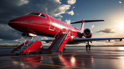 Obraz premium red private airplane on the background of the airport