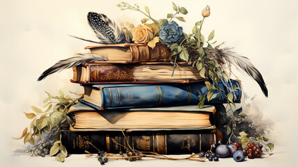 open book with colorful flowers and feathers