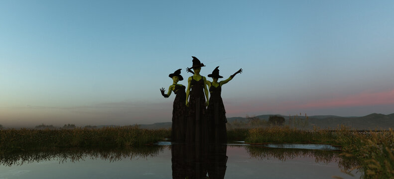 -- 3D RENDER OF--  Green witches three sisters Halloween dusk river water grass blue autumn marsh pond 3d illustration render digital rendering