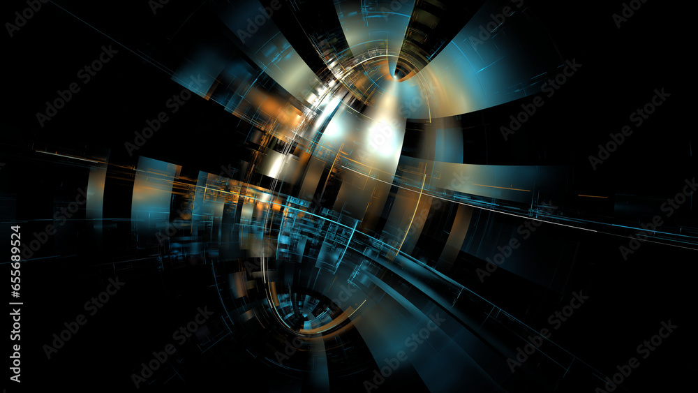 Poster technologies of future, cyberpunk, digital space. data transmission and processing, glowing blocks o
