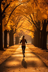 Individual jogging through a leaf-strewn park during autumn to boost immunity  - obrazy, fototapety, plakaty